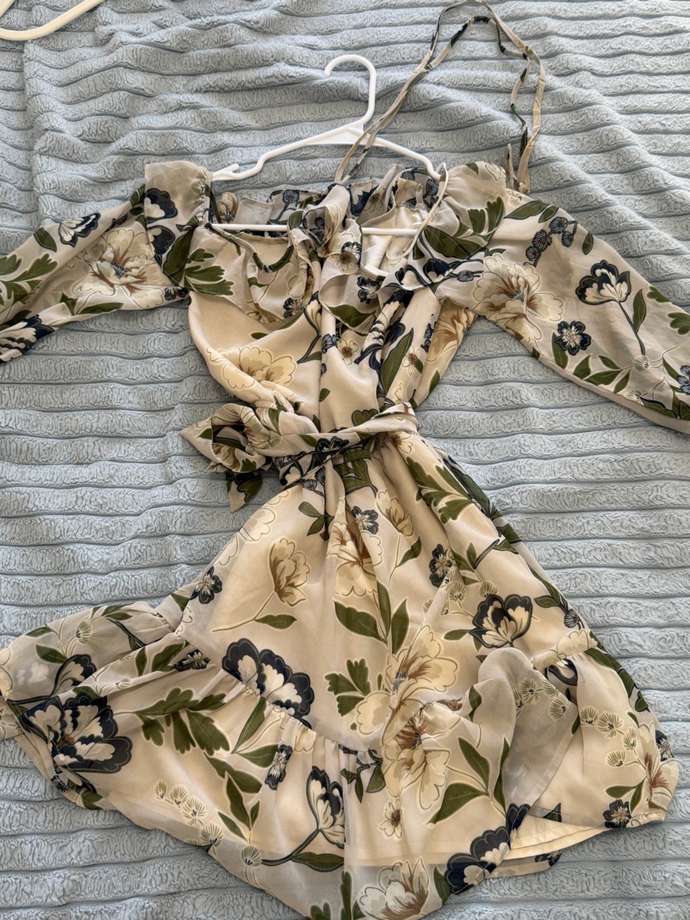 BB Dakota Cream Floral Off-Shoulder Mini Dress with Green and Navy Print